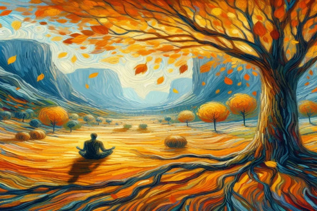 دمج أسلوب فرشاة فان جوخ مع لوحة ألوان مستوحاة من أوراق الخريف، وقم بتكوين مشهد مع شخصية وحيدة في تأمل.